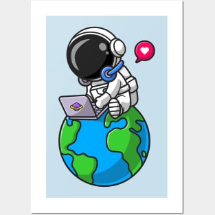 Cute Astronaut Working With Laptop On Earth Cartoon Posters and Art